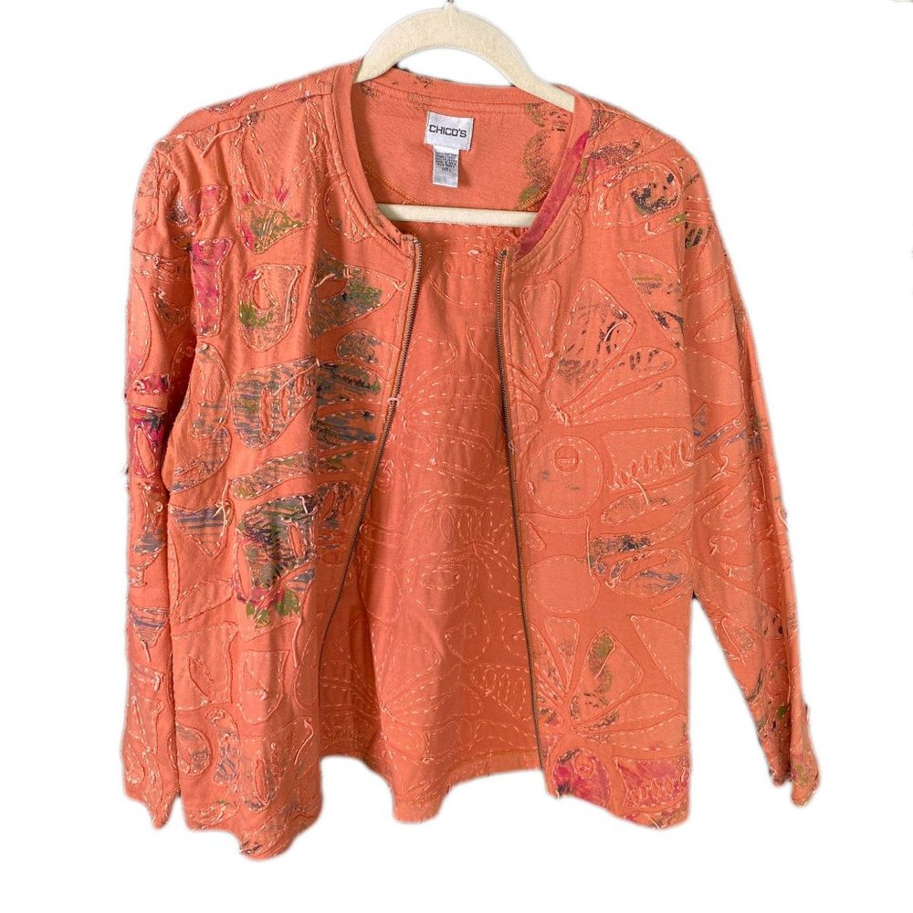 Chico's Peach Patchwork Stitched Zip Up Cardigan - image 2